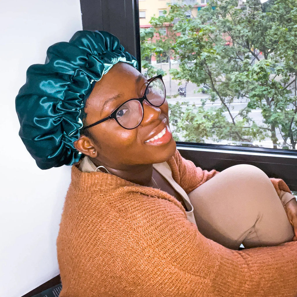 Bonnet en Satin réversible vert et bleu Asantewaa